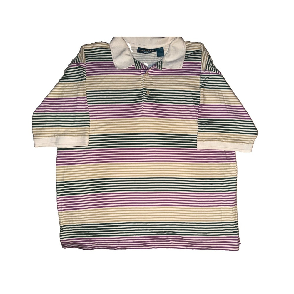 Vintage Jantzen Polo Shirt Mens XL Striped Purple Green Tan Cotton Preppy